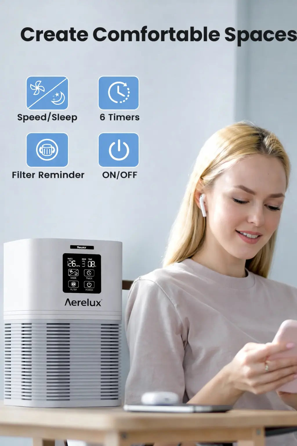Aerelux™ 2-in-1 Air Purifier with Humidifier Combo for Home Allergies and Pets Hair, Smokers in Bedroom, H13 True HEPA Filter，White pero mas resumido y mas atractivo